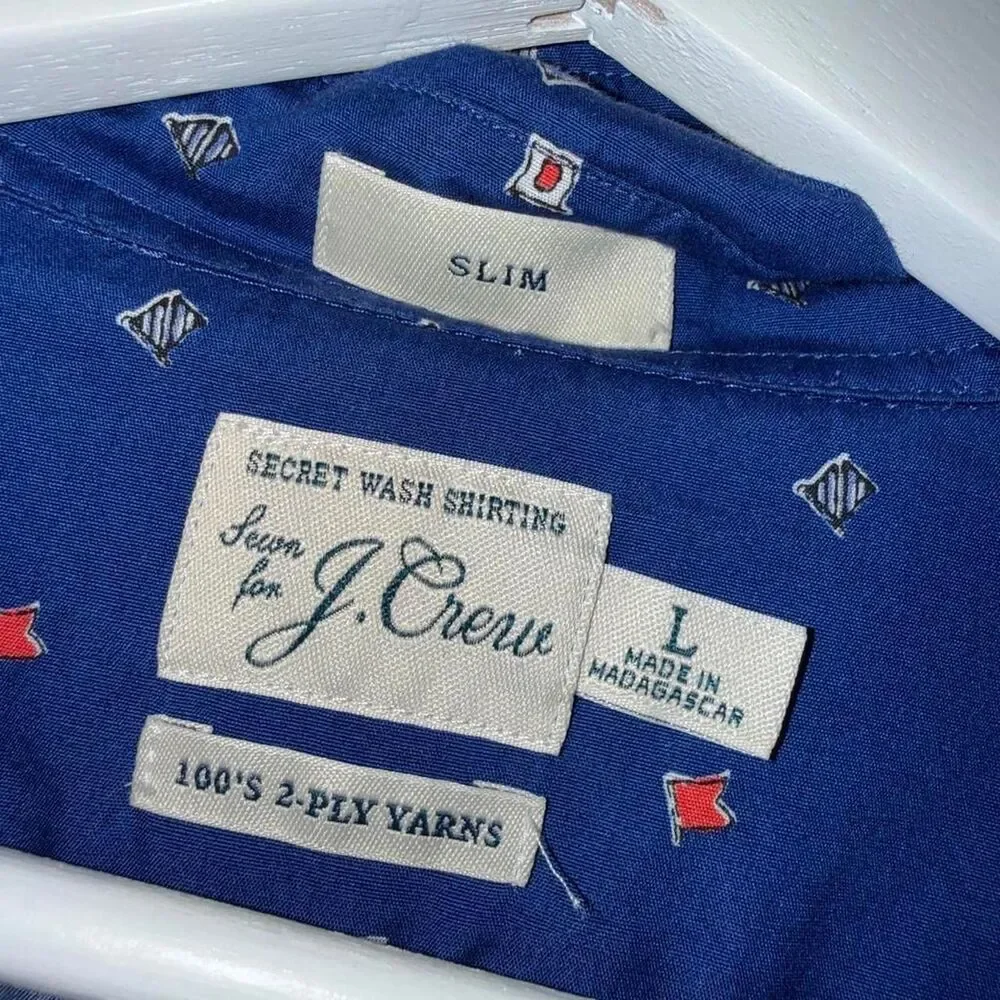 J.Crew Men's Blue Signal Flag Print Button Down Shirt Long Sleeve Size L